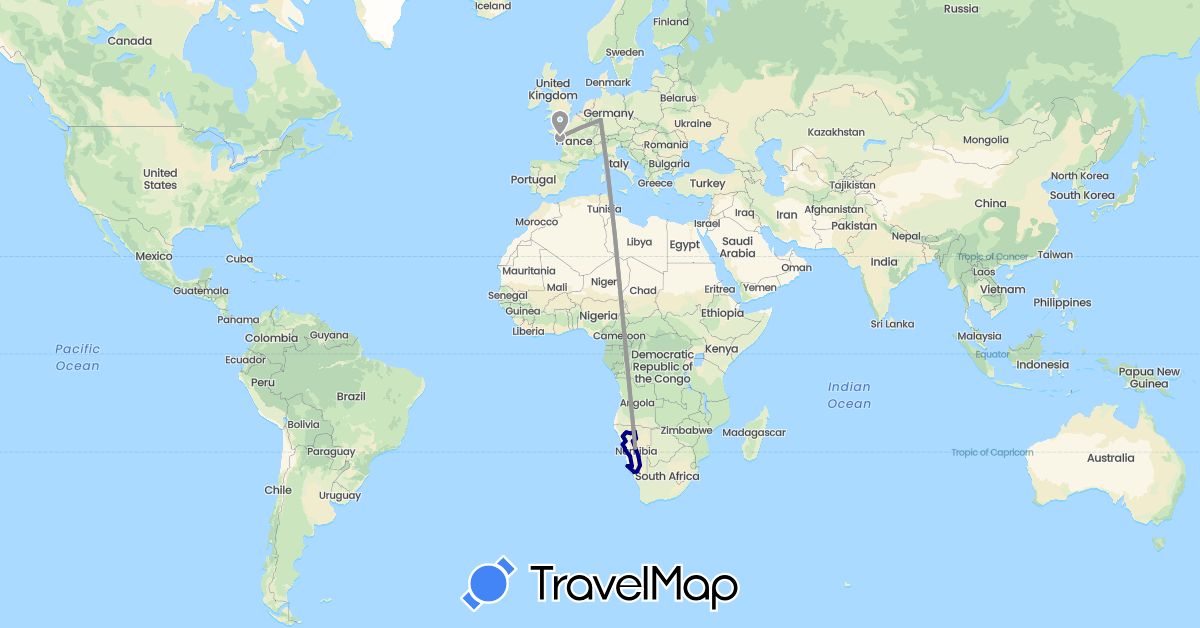 TravelMap itinerary: driving, plane in Germany, France, Namibia (Africa, Europe)